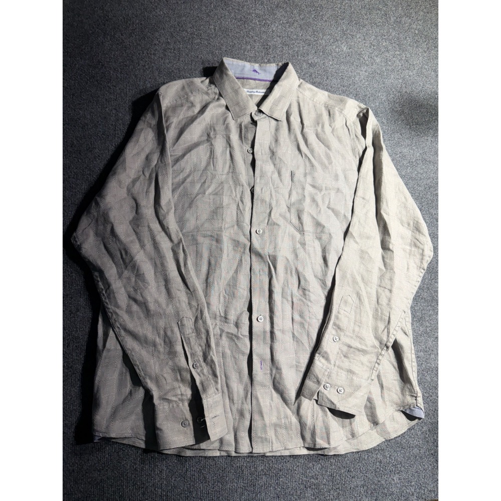 Tommy Bahama Mens 100% Linen Long Sleeve Button Up Shirt Gray Windowpane XL